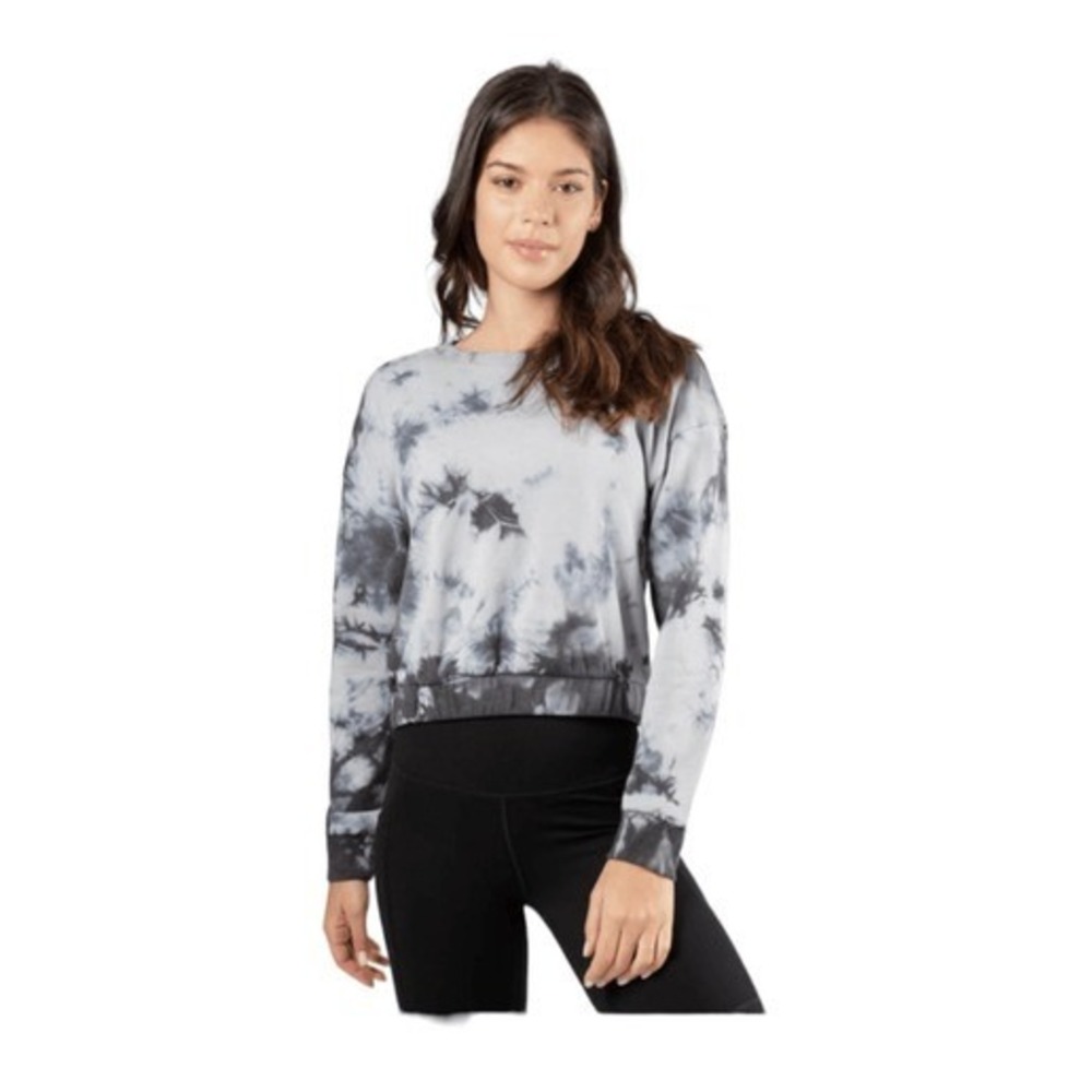 90 Degree By Reflex Cropped Sweatshirt Black Gray Tie Dye Crewneck Long Sleeve